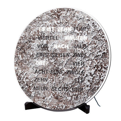 Runde LED-Wortanzeige-Uhr mit gesprenkeltem Ziffernblatt und Standfuß