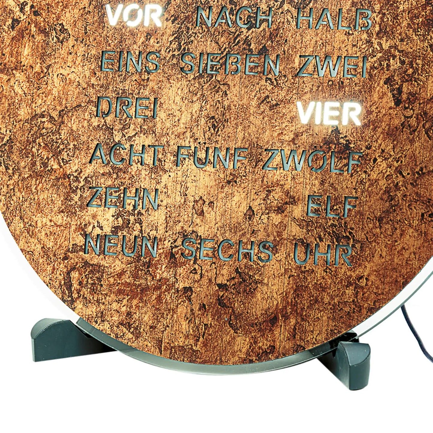 Runde LED-Wortanzeige-Uhr mit braunem Rost-Look und schwarzen Standfüßen