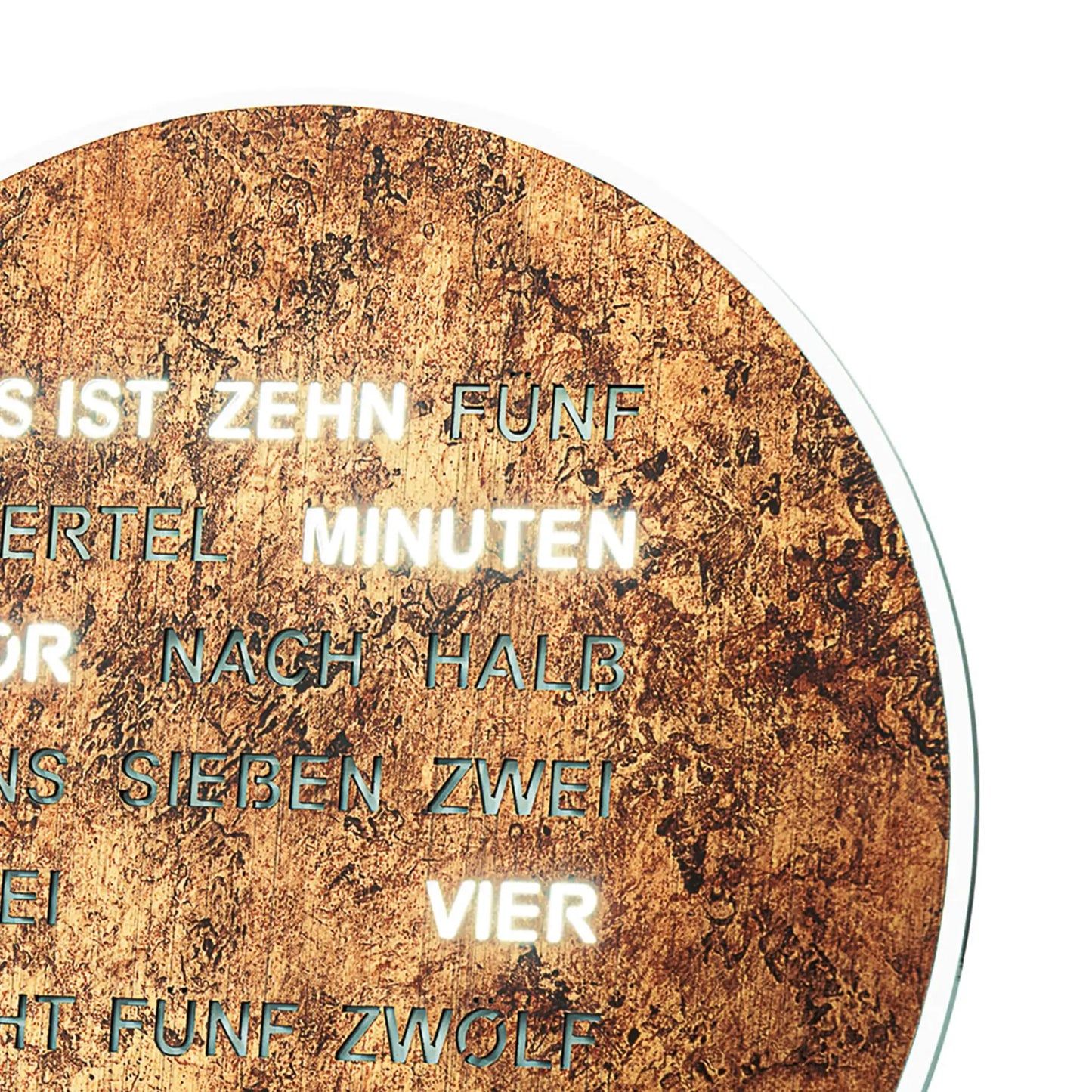 Runde LED-Wortanzeige-Uhr mit braunem Rost-Look und leuchtender Wortanzeige