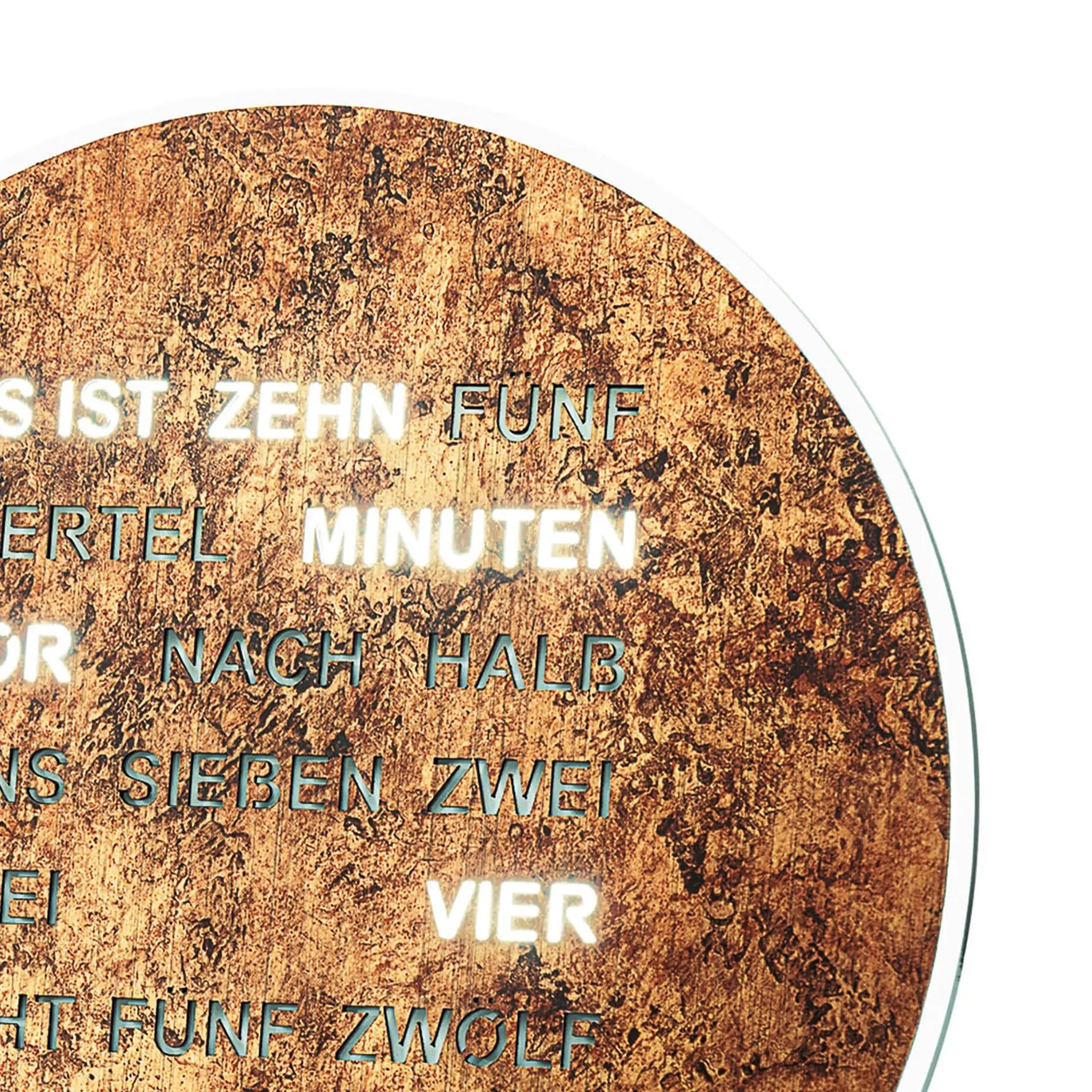 Runde LED-Wortanzeige-Uhr mit braunem Rost-Look und leuchtender Wortanzeige