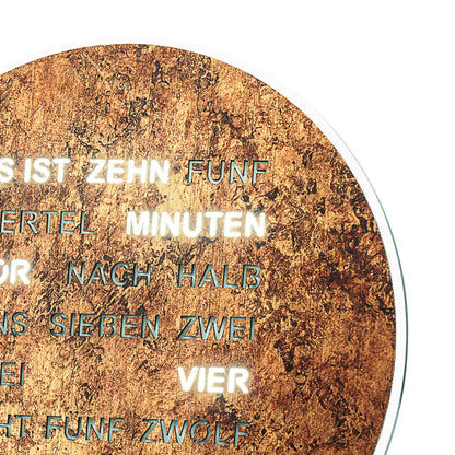 Runde LED-Wortanzeige-Uhr mit braunem Rost-Look und leuchtender Wortanzeige