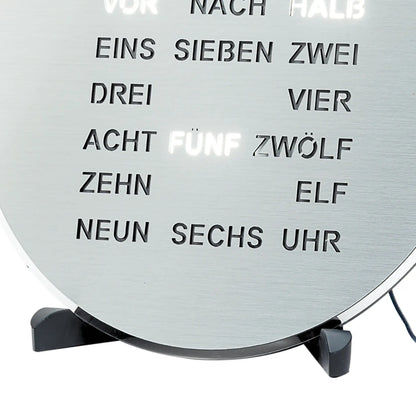 Runde LED-Wortanzeige Uhr, Nahansicht des Ziffernblatts und der Standfüße