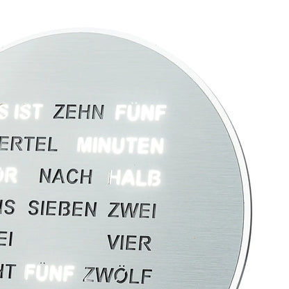 Rundes Ziffernblatt einer LED-Wortanzeige Uhr mit leuchtendem Text