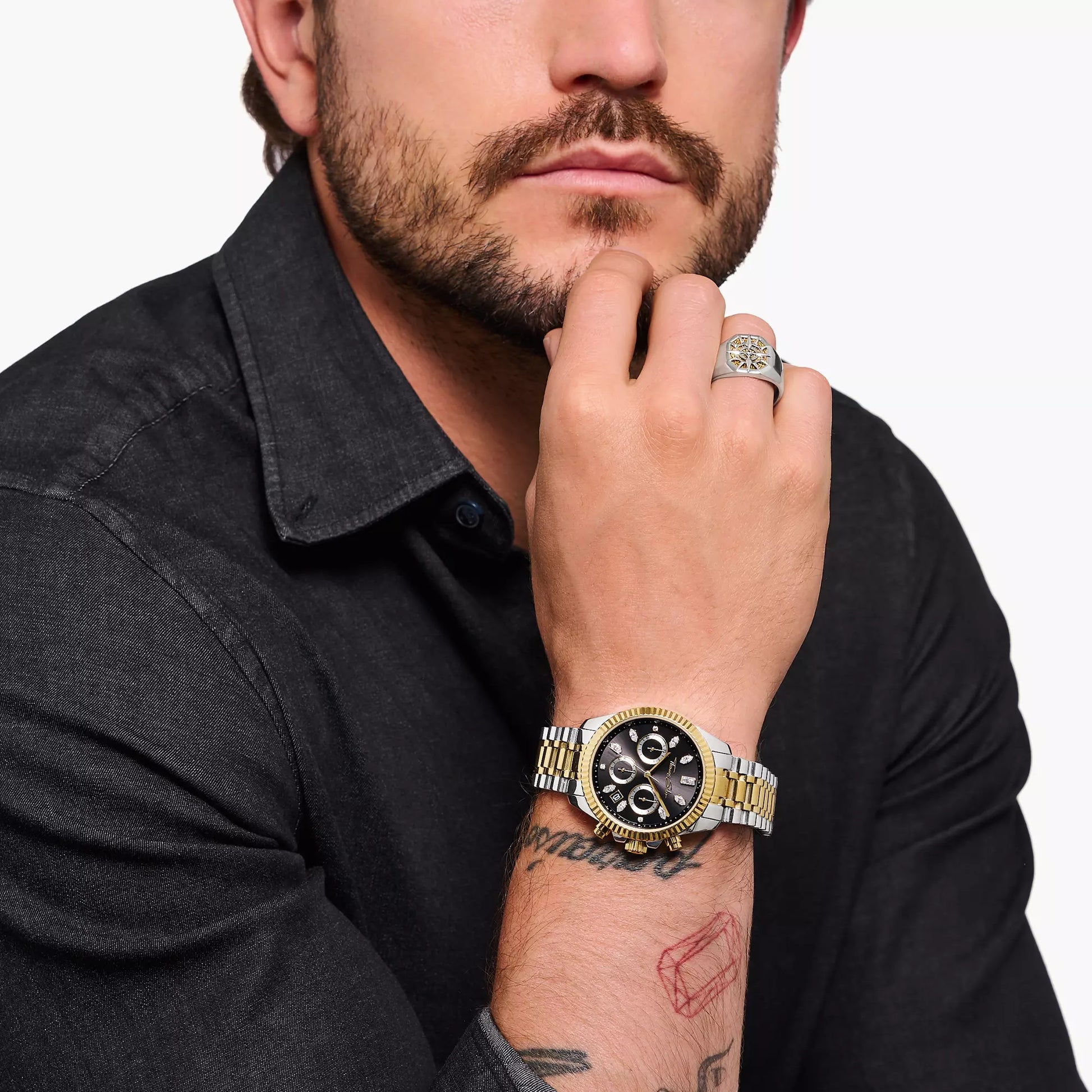 Thomas Sabo Divine Chrono WA0398-291-201 Damen Armbanduhr Schwarz-Gelbgold • Chronograph mit Zirkonia-Indizes • Mineralglas