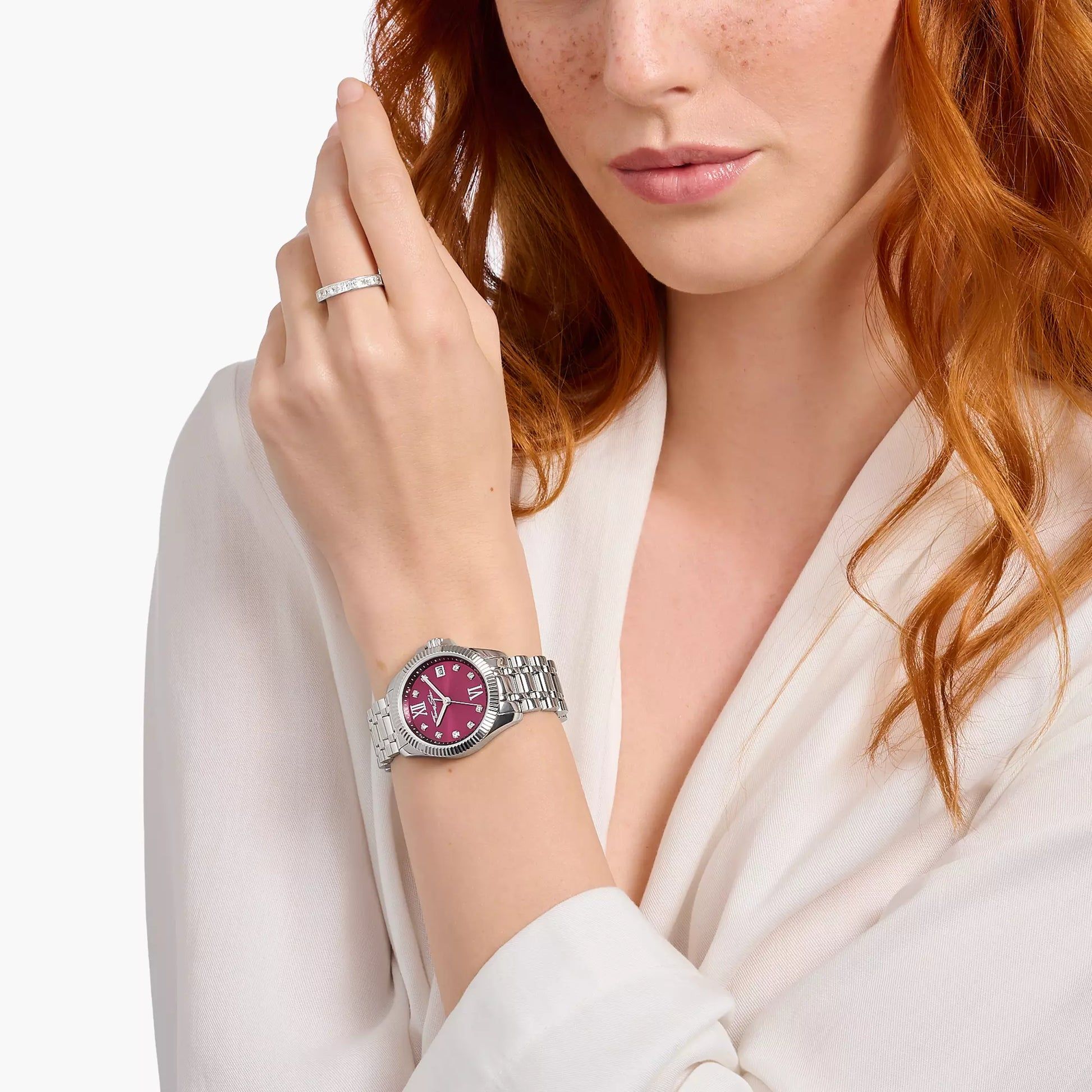 Thomas Sabo Divine Burgundy WA0407-201-212 Damenuhr Silber • Weinrotes Zifferblatt mit Zirkonia • Mineralglas mit
