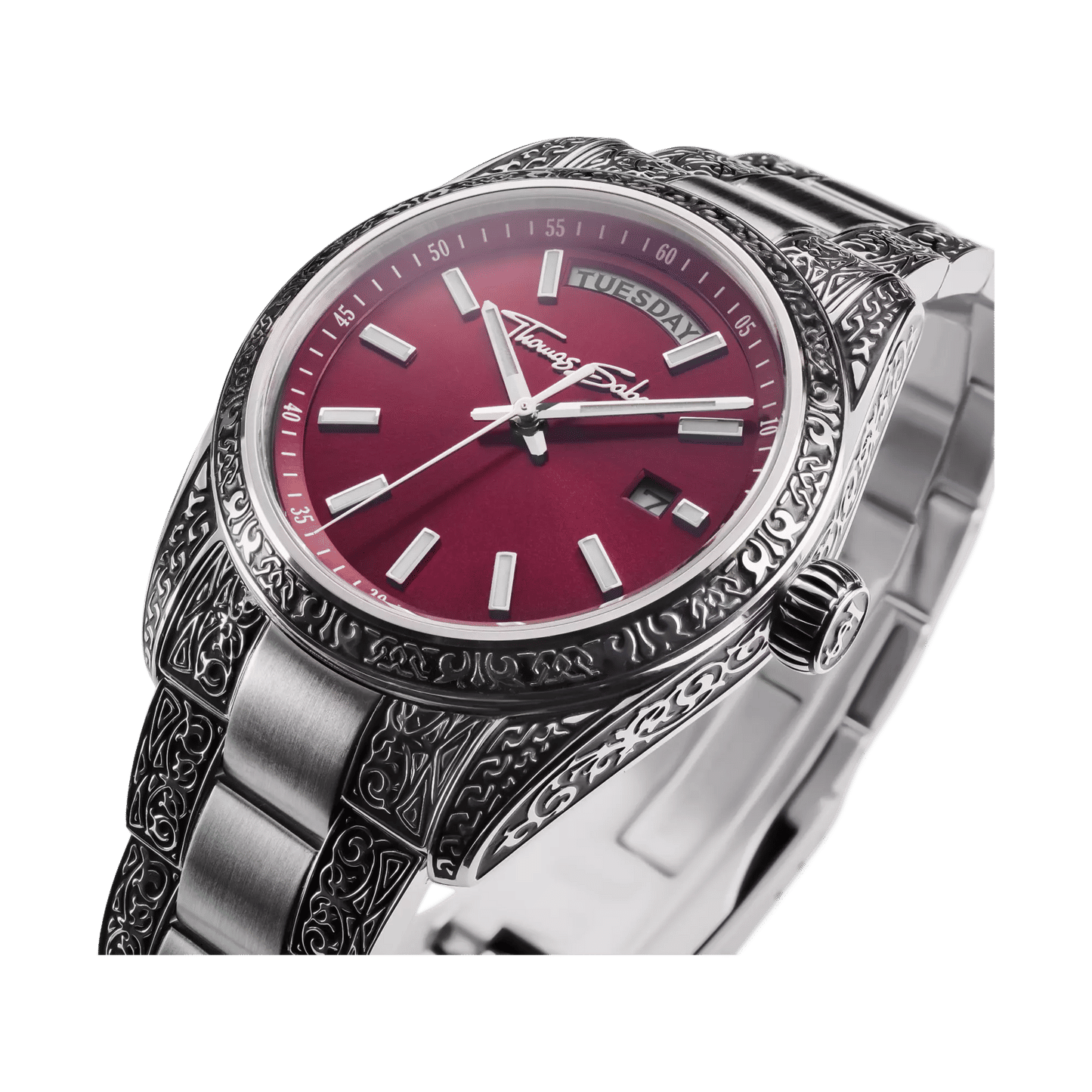 Thomas Sabo Rebel at Heart Revive WA0425-201-201 Unisex Armbanduhr Dunkelrot • Graviermuster-Design • 5 ATM wasserdicht