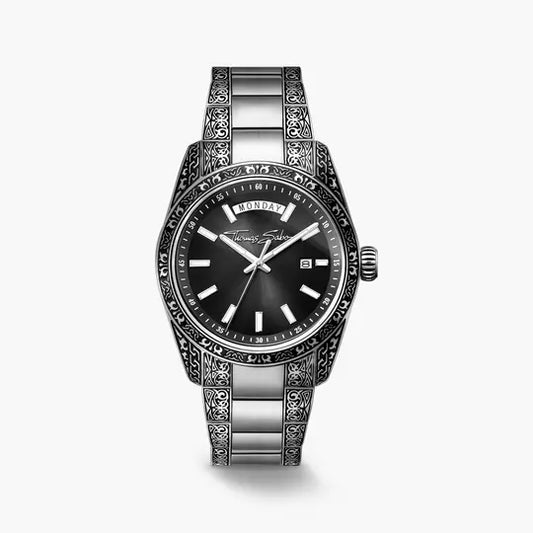 Thomas Sabo Rebel at Heart Revive WA0438-201-203 Herrenuhr Schwarz • Graviertes Edelstahlgehäuse • Saphirbeschichtetes