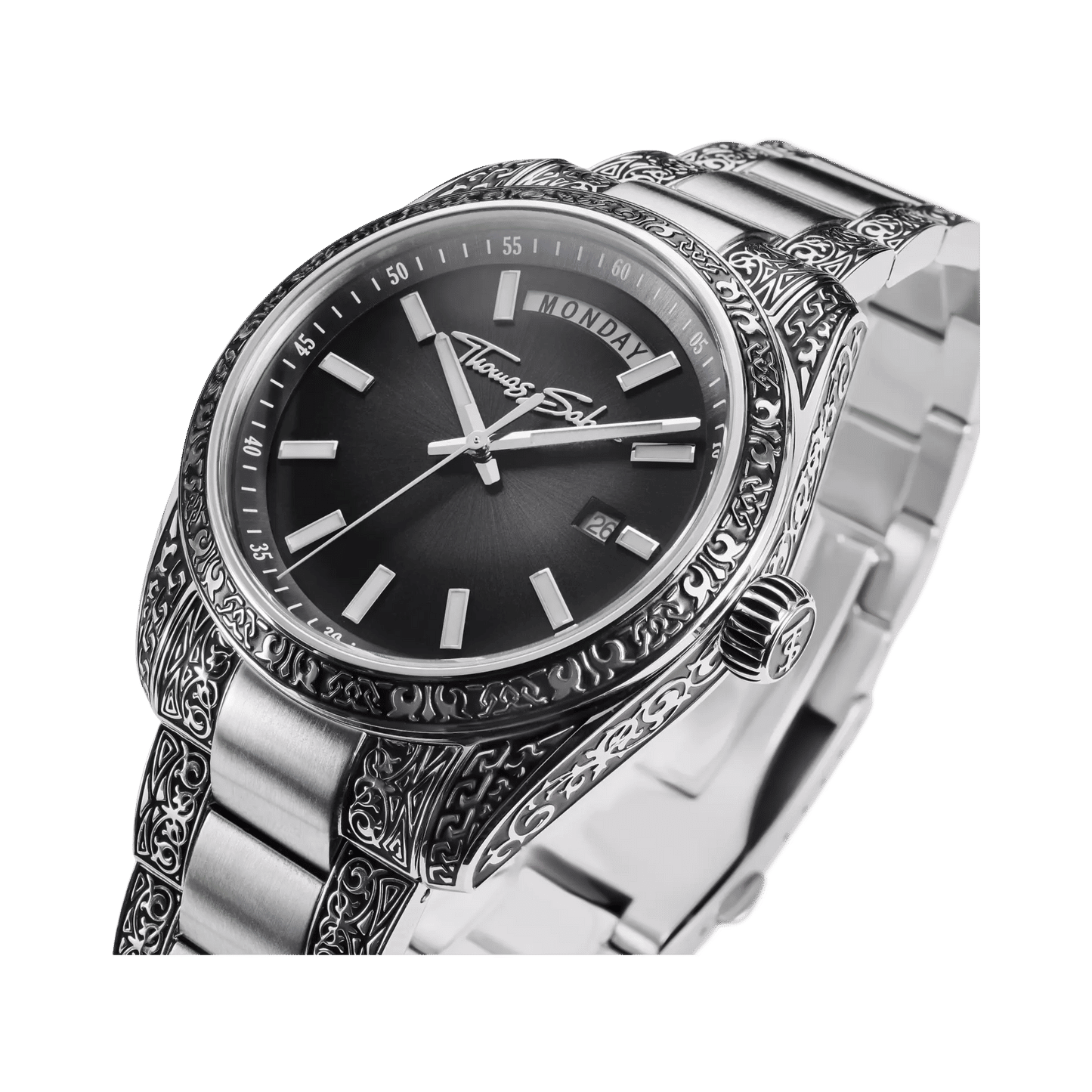 Thomas Sabo Rebel at Heart Revive WA0438-201-203 Herrenuhr Schwarz • Graviertes Edelstahlgehäuse • Saphirbeschichtetes