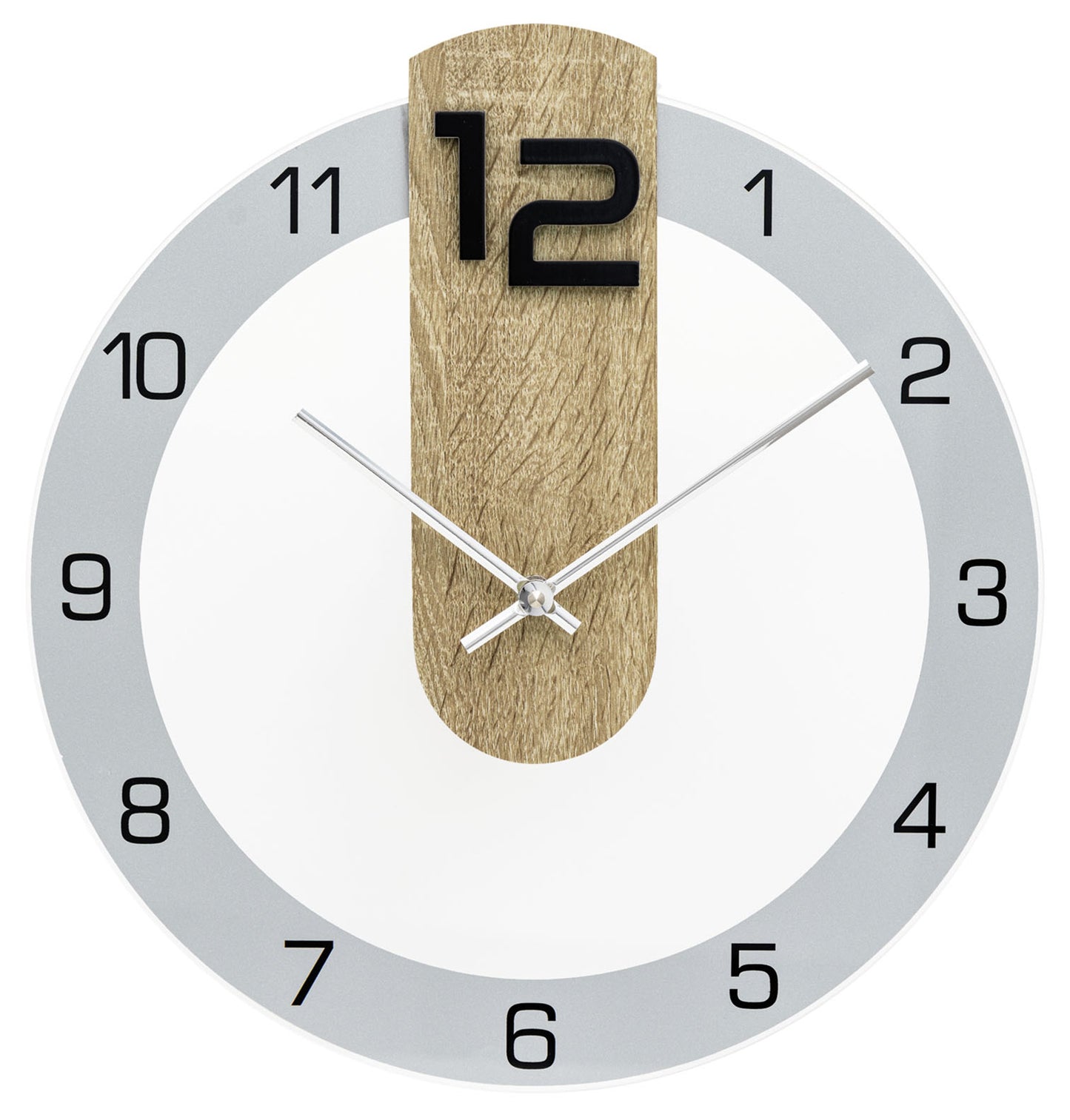Orologio da parete con quadrante rotondo, indicatori grigi ed elemento in legno naturale