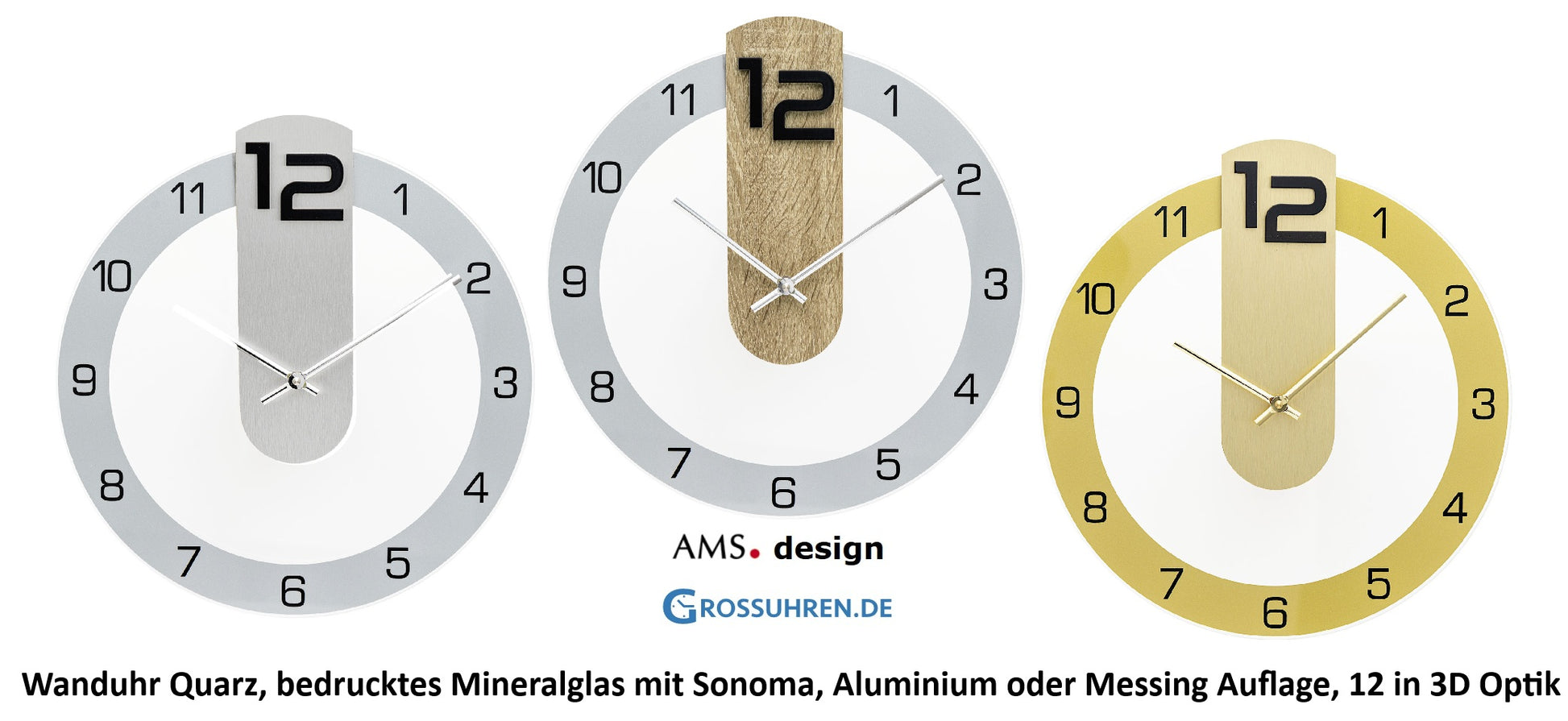 Tre varianti di orologio da parete con quadranti rotondi, effetto legno e numeri bianchi