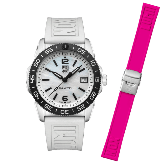Luminox Herrenarmbanduhr mit weißem Zifferblatt, schwarzer Lünette und grauem Armband sowie pinkem Ersatzband