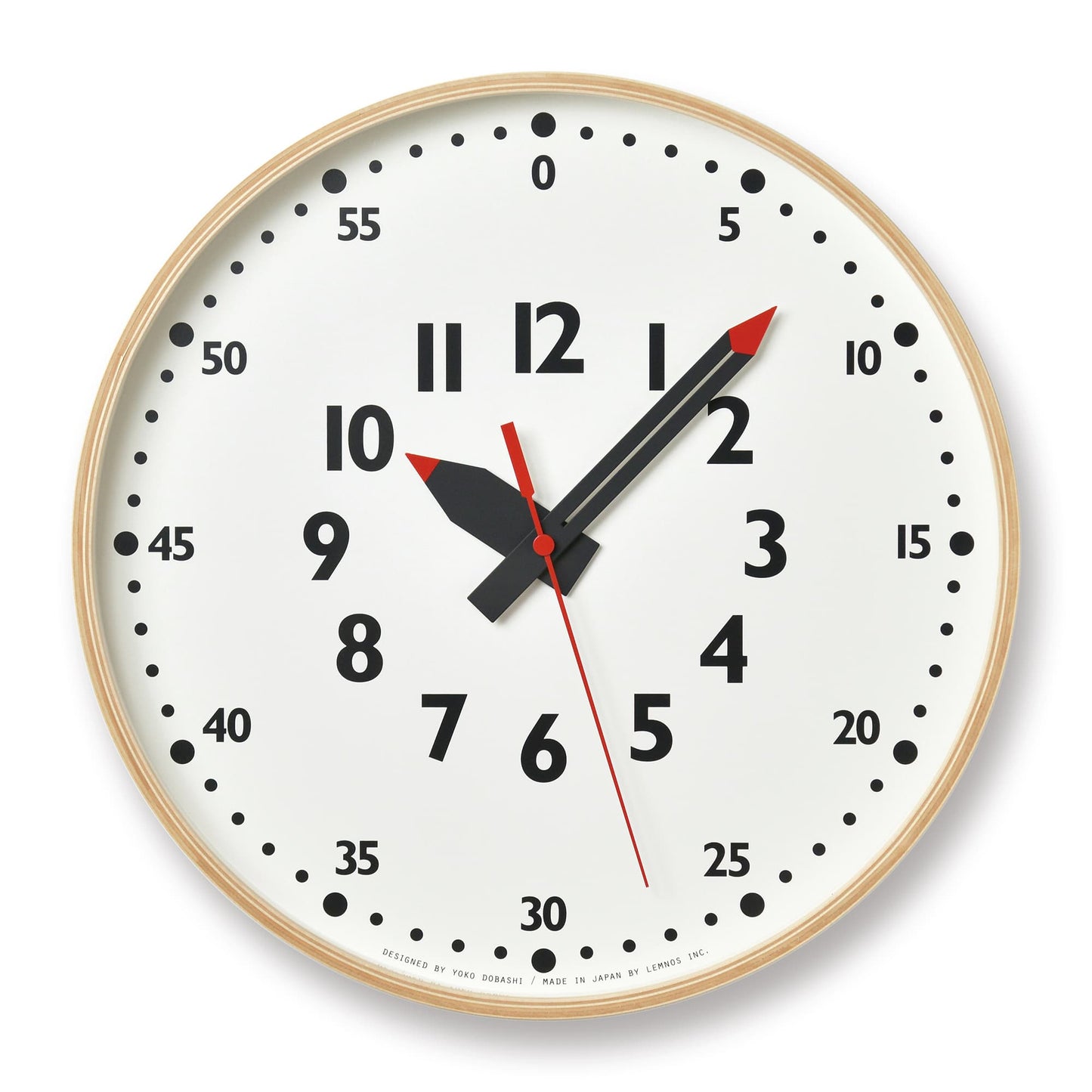 Wanduhr mit Naturholzrahmen und weißem Zifferblatt, rotem Sekundenzeiger