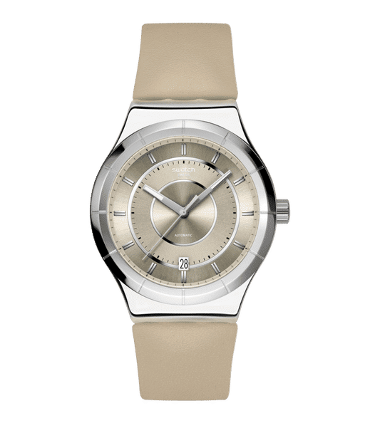 Swatch Sistem51 Irony YIS434 Armbanduhr Taupe • Automatikwerk mit 90 h Gangreserve • Datum bei 6 Uhr