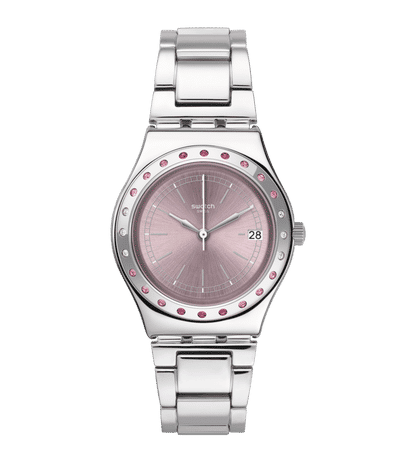 Swatch Irony Medium YLS455G Damen Armbanduhr Rosa • Edelstahlgehäuse mit Kristallbesatz • Datumsanzeige bei 3 Uhr