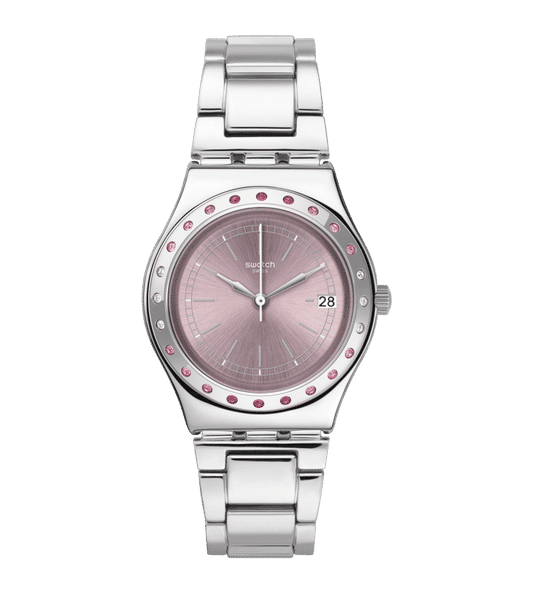 Swatch Irony Medium YLS455G Damen Armbanduhr Rosa • Edelstahlgehäuse mit Kristallbesatz • Datumsanzeige bei 3 Uhr
