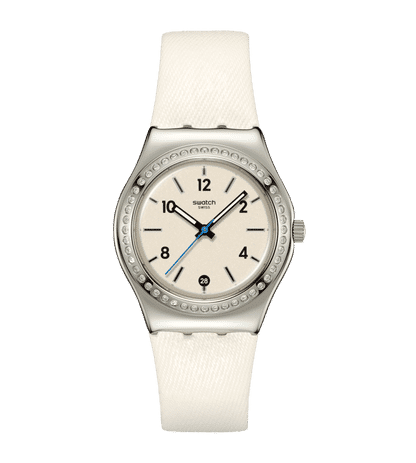Swatch Irony Medium YLS471 Glacial Petals Armbanduhr Weiß • Leuchtzeiger • Kristallbesetzter Lünette