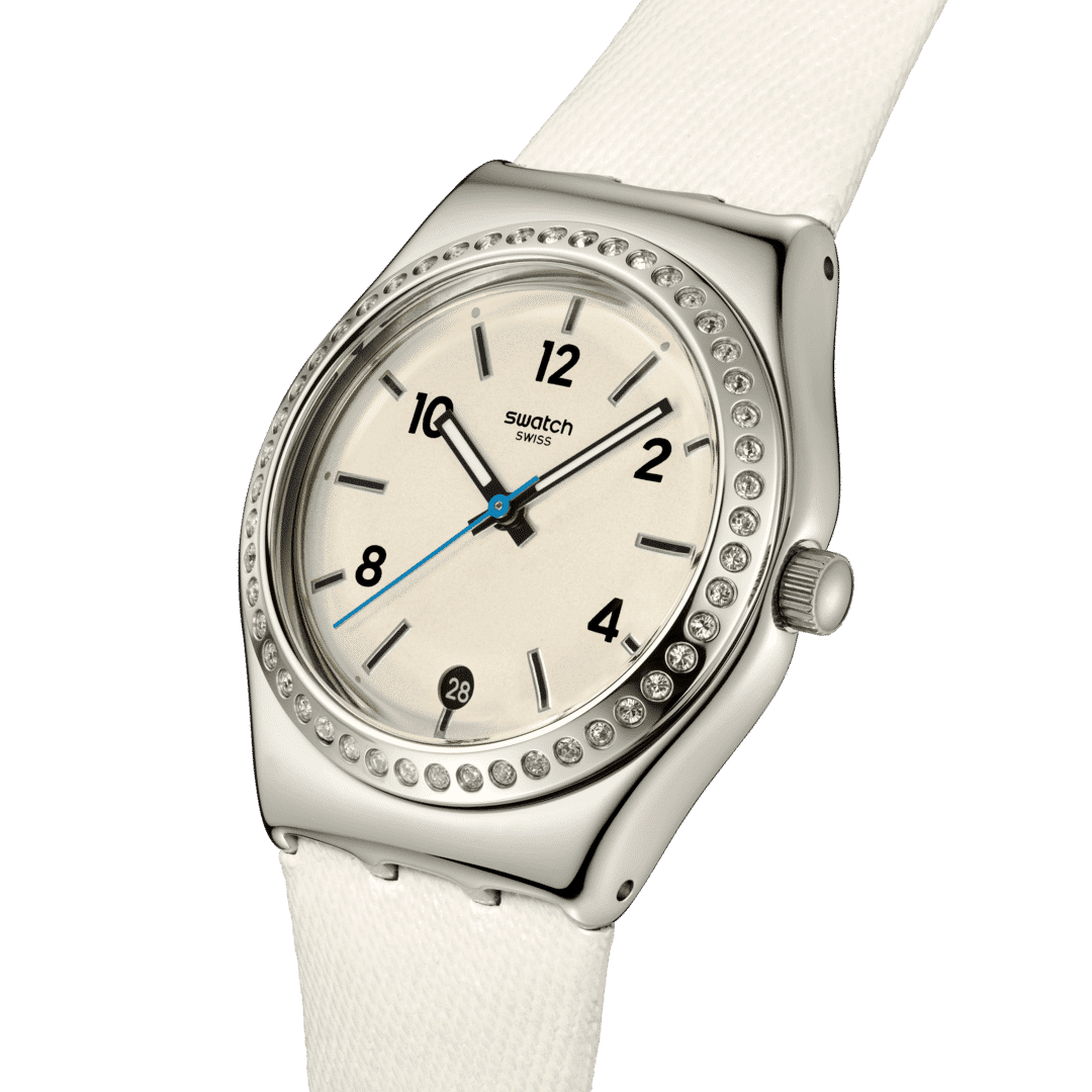 Swatch Irony Medium YLS471 Glacial Petals Armbanduhr Weiß • Leuchtzeiger • Kristallbesetzter Lünette, Bild 3