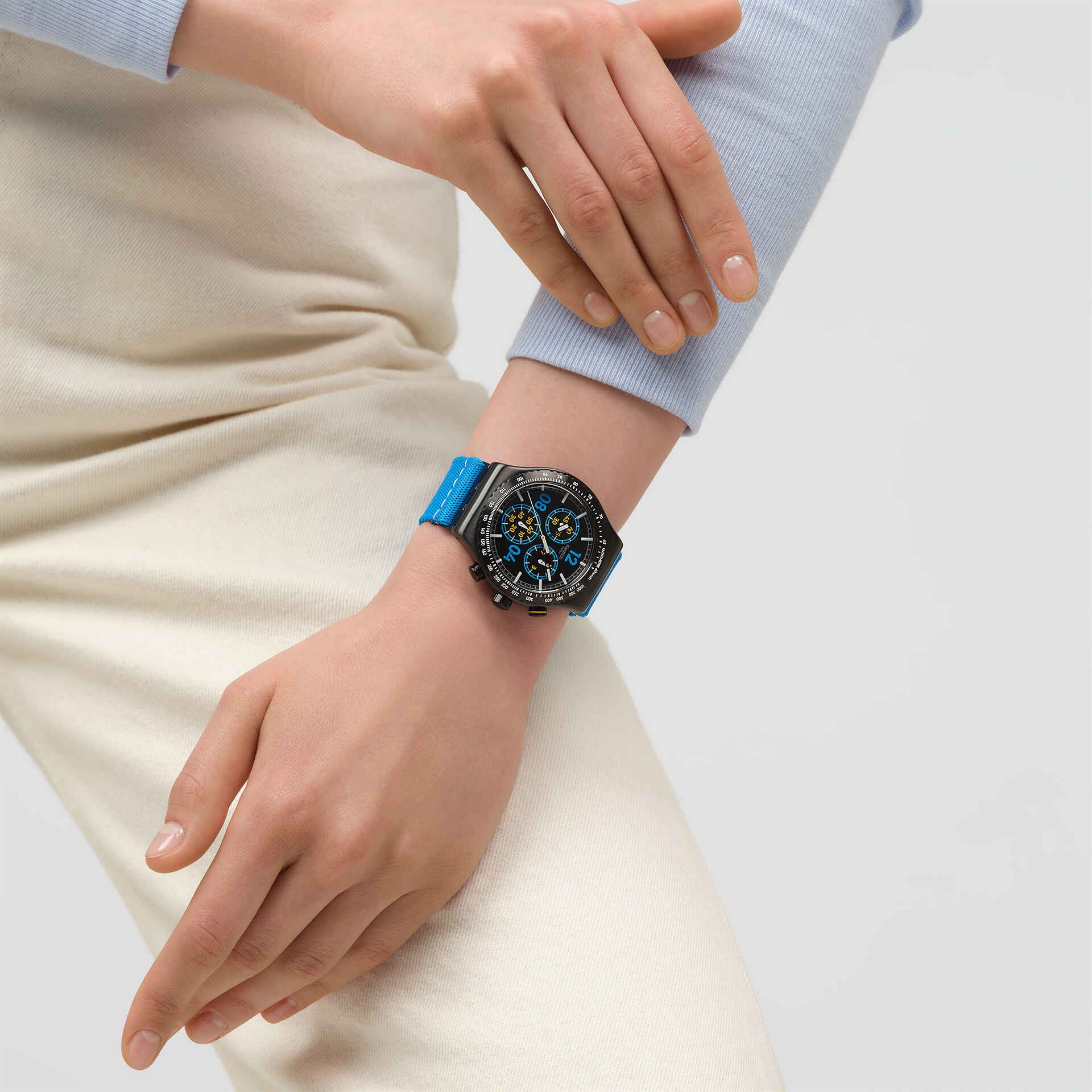 Swatch Irony Chrono New YVB100 Moments in Blue Herren • Tachymeter-Lünette • Leuchtzeiger mit Glow-Effekt, Bild 5