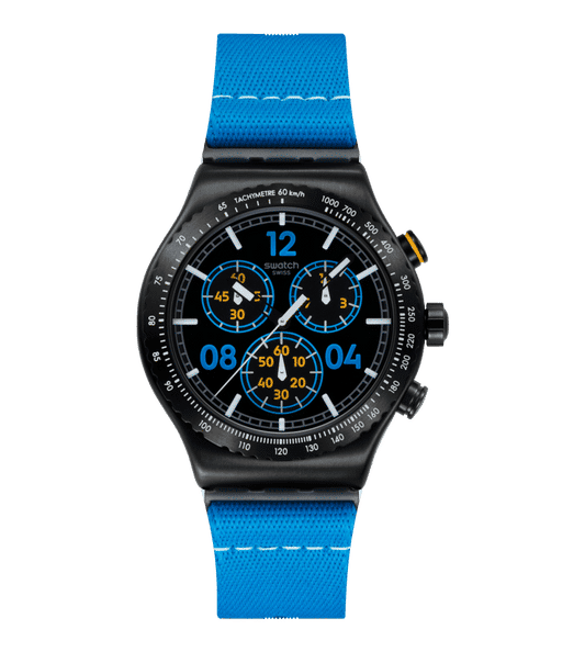 Swatch Irony Chrono New YVB100 Moments in Blue Herren • Tachymeter-Lünette • Leuchtzeiger mit Glow-Effekt