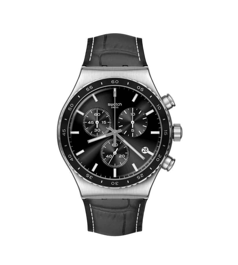 Swatch Irony Chrono New YVS495 Herren Armbanduhr Schwarz • Chronograph • Alligator-Lederarmband