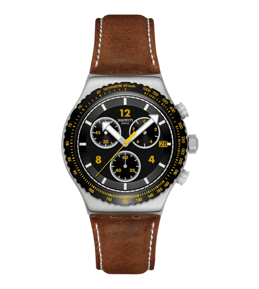 Swatch Irony Chrono New YVS530 Herren Armbanduhr Schwarz • Chronograph mit Leuchtzeigern • Datumsanzeige