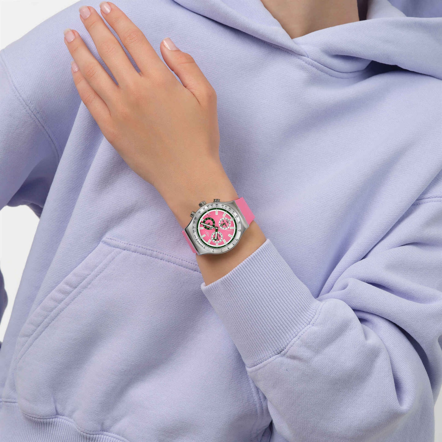 Swatch Irony Chrono New YVS538 Damenuhr Rosa • Leuchtzeiger & Leuchtindizes • Tachymeter-Lünette, Bild 2