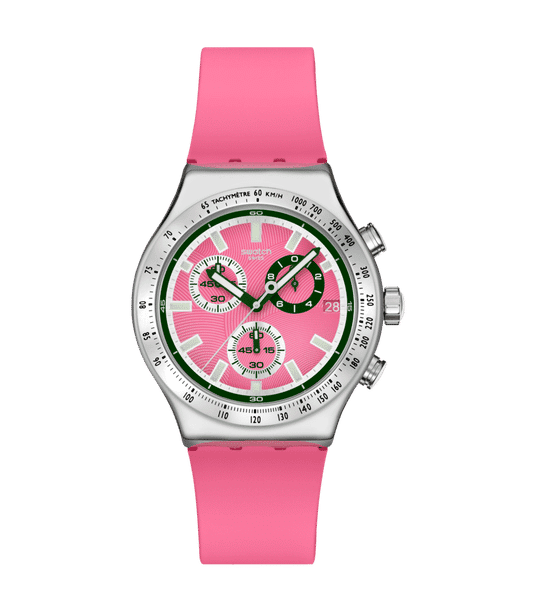 Swatch Irony Chrono New YVS538 Damenuhr Rosa • Leuchtzeiger & Leuchtindizes • Tachymeter-Lünette