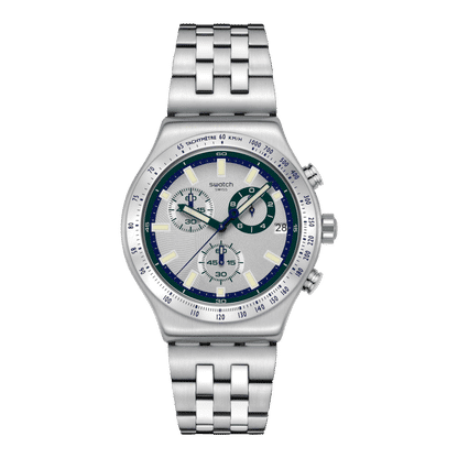 Swatch Irony Chrono New YVS539G Armbanduhr Silber • Chronograph mit Leuchtzeigern • Edelstahlarmband mit
