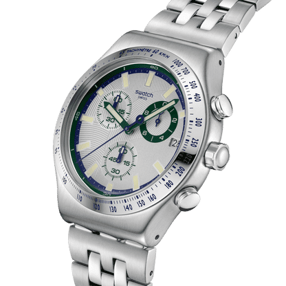Swatch Irony Chrono New YVS539G Armbanduhr Silber • Chronograph mit Leuchtzeigern • Edelstahlarmband mit