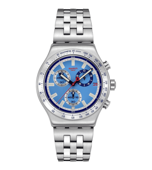 Swatch Irony YVS541G Midday in the Mirror Herrenuhr Hellblau • Chronograph mit Leuchtzeigern • Edelstahlarmband mit