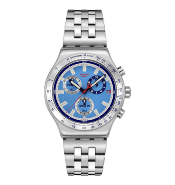 Swatch Irony YVS541G Midday in the Mirror Herrenuhr Hellblau • Chronograph mit Leuchtzeigern • Edelstahlarmband mit
