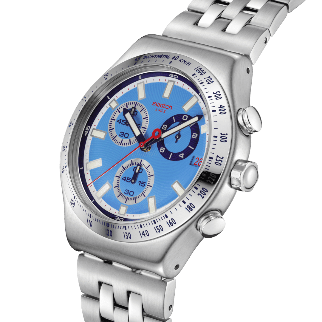 Swatch Irony YVS541G Midday in the Mirror Herrenuhr Hellblau • Chronograph mit Leuchtzeigern • Edelstahlarmband mit