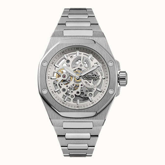 Herren-Armbanduhr mit grauem Edelstahlband und Skelett-Zifferblatt, Automatikwerk.