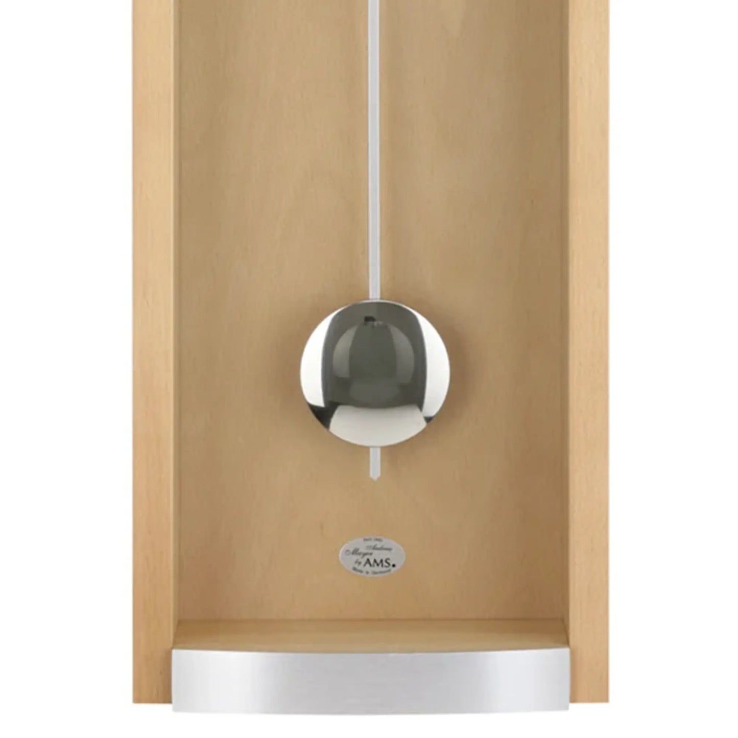 Wanduhr mit Holzgehäuse und rundem Aluminium-Element, Pendelwerk sichtbar