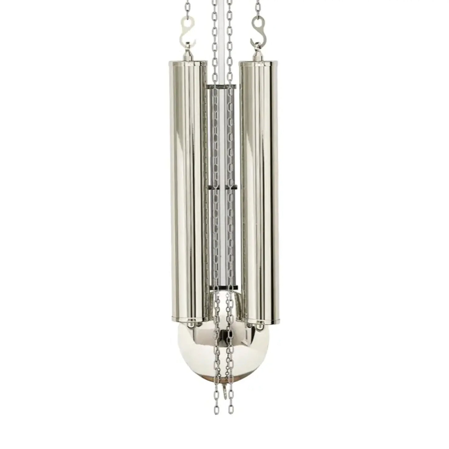 Silberne Wanduhr mit Pendelsäulen und Ketten am Uhrgehäuse, rundes Design