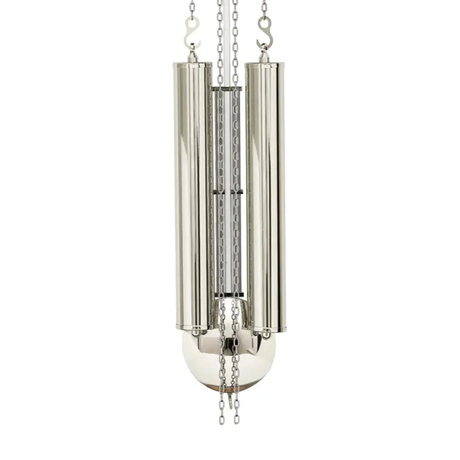 Silberne Wanduhr mit Pendelsäulen und Ketten am Uhrgehäuse, rundes Design