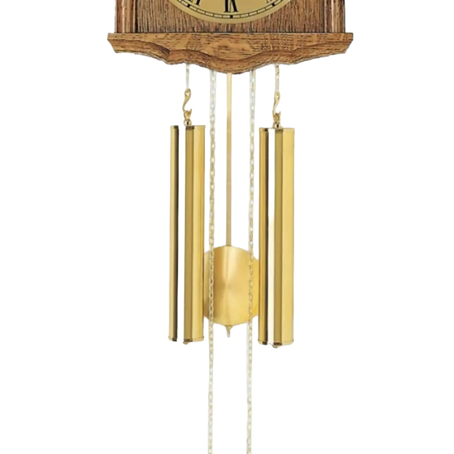Wanduhr mit Holzgehäuse und goldfarbenen Pendelstäben, darunter eine schwingende Metallplatte