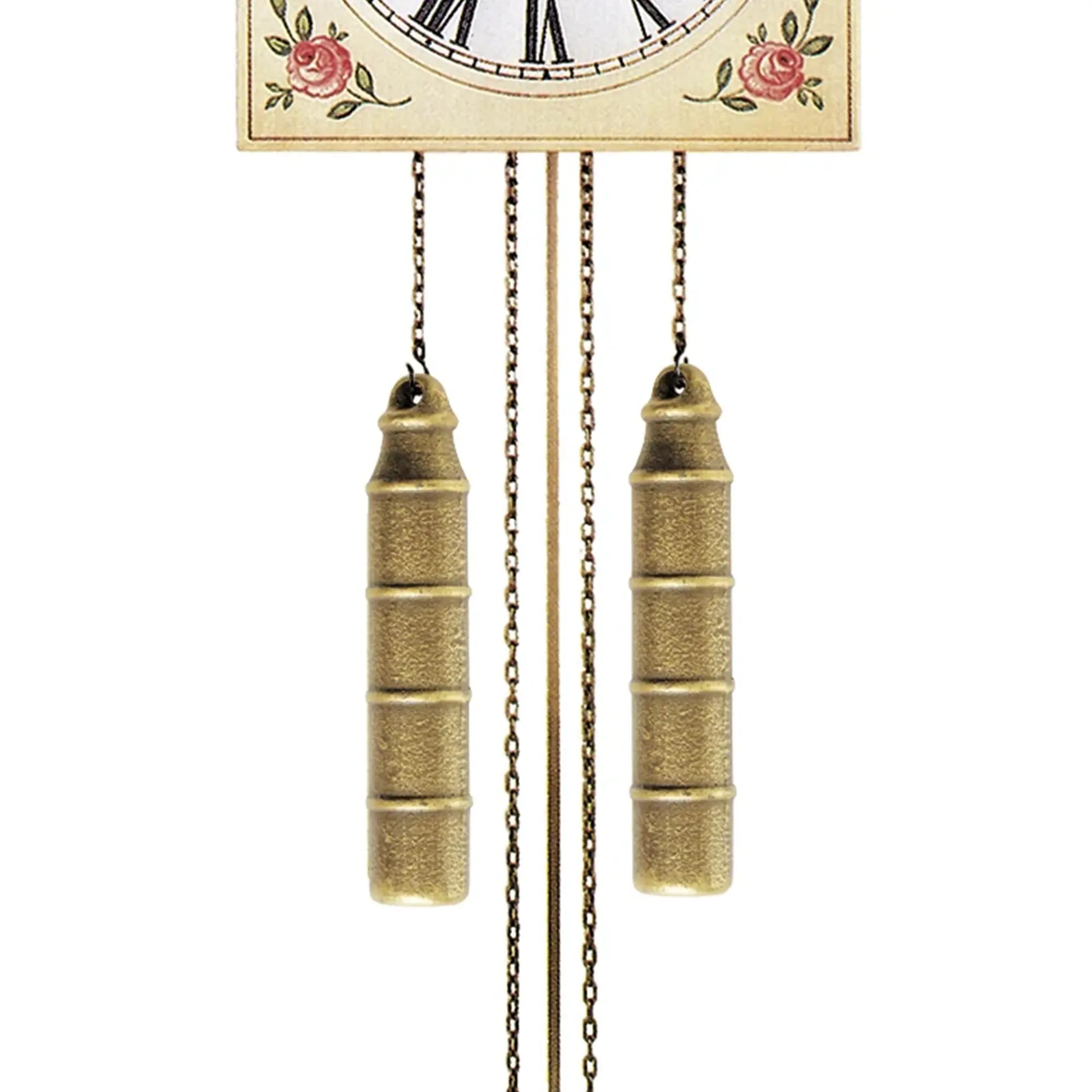 Wanduhr: zwei goldene Kettenzug-Gewichte mit Metallketten, Blick von unten