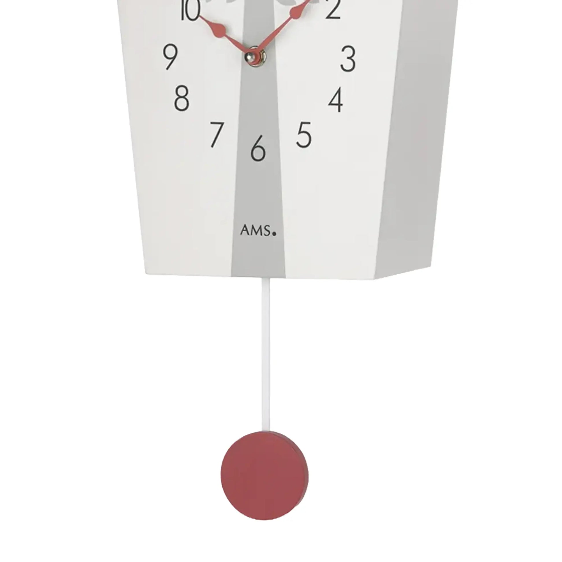 Wanduhr mit Kuckuckselement, weißem Ziffernblatt und rotem Pendelknopf