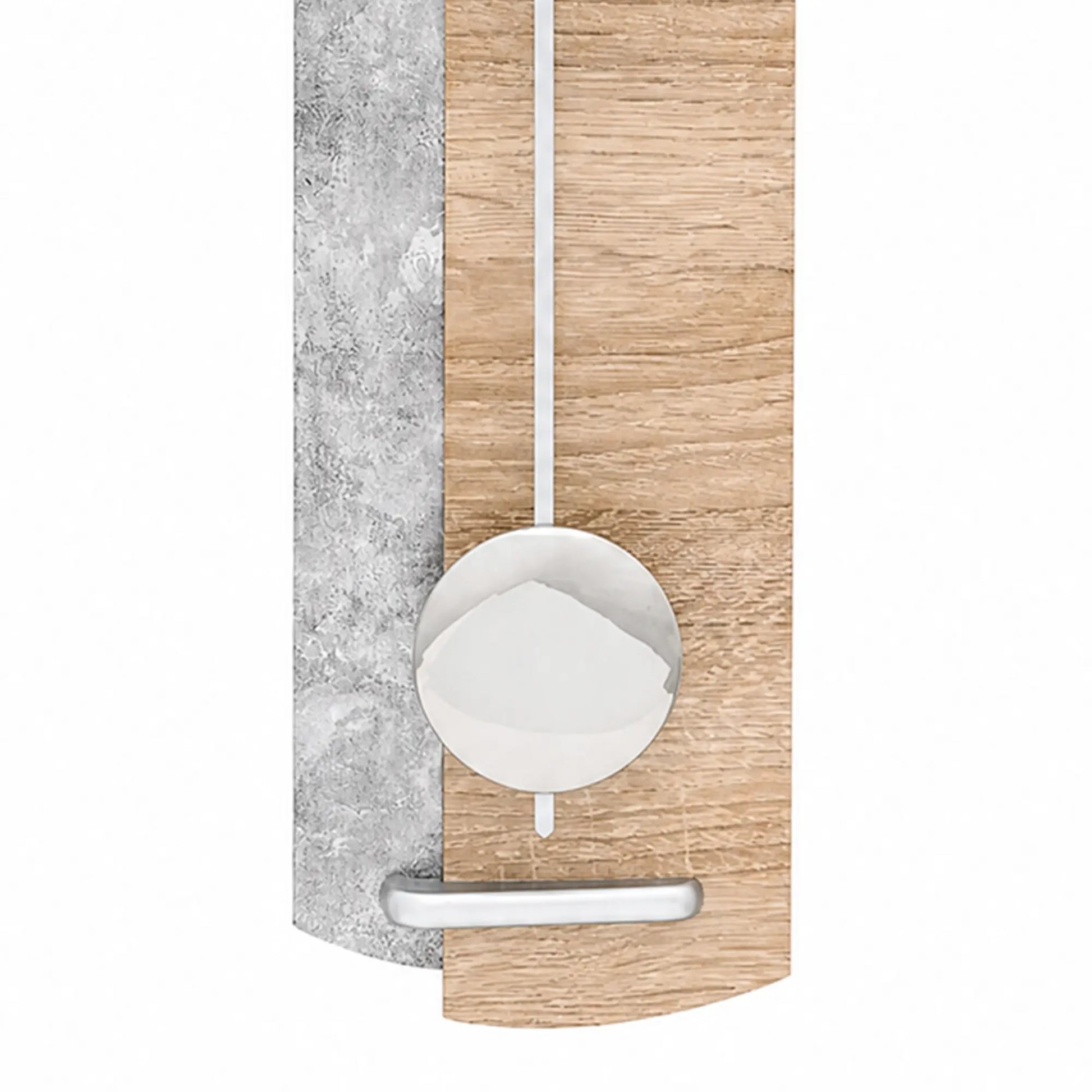 Orologio da parete a pendolo con cassa rotonda in legno, sfondo grigio e peso del pendolo bianco