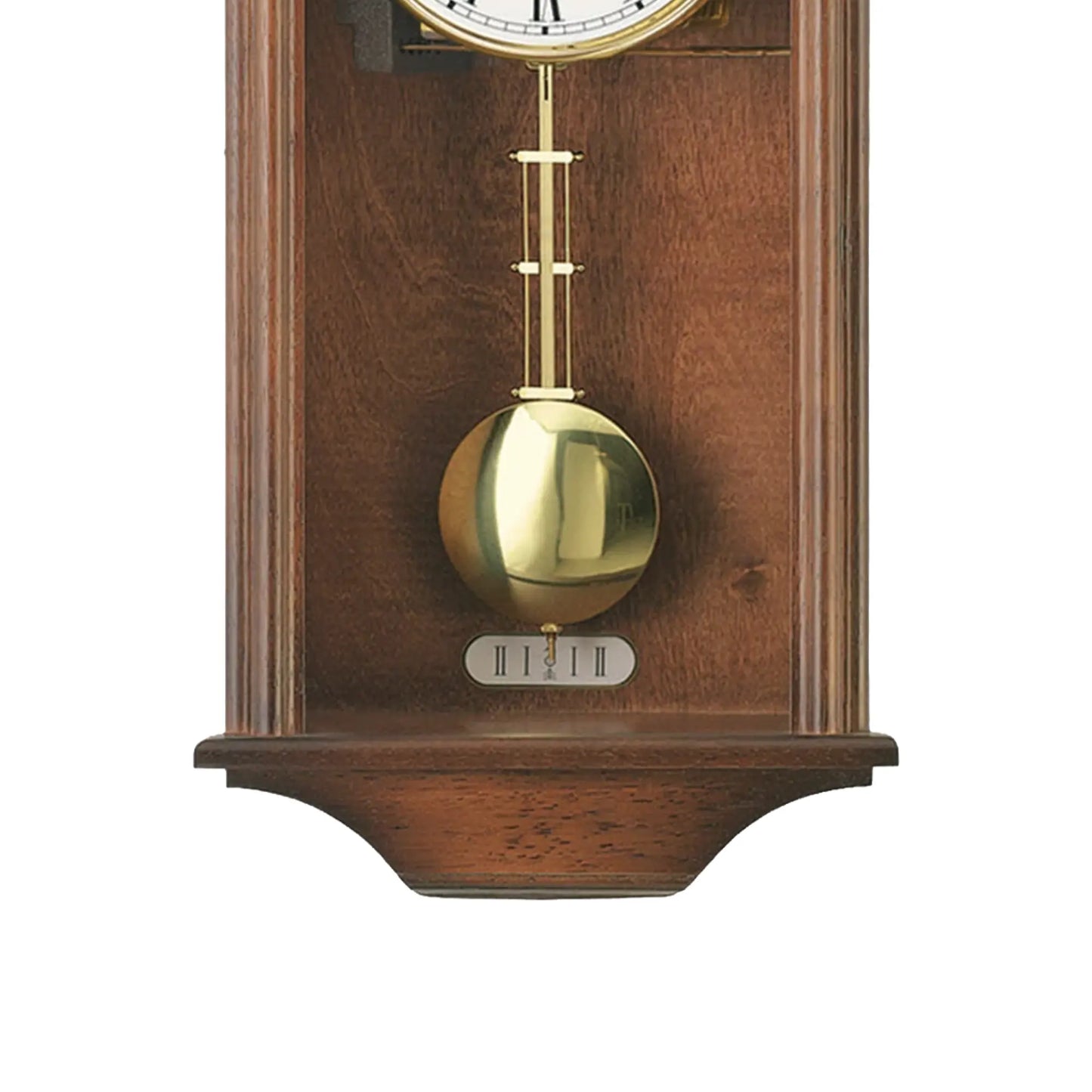 Nussbaumfarbene Wanduhr mit weißem Ziffernblatt und goldfarbener Pendelkugel