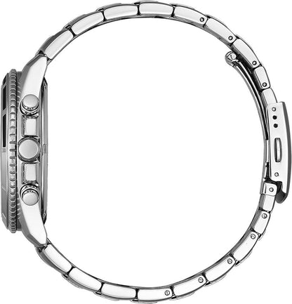 Herrenuhr mit Edelstahlgehäuse und Armband, Seitenansicht mit Drückern und Krone
