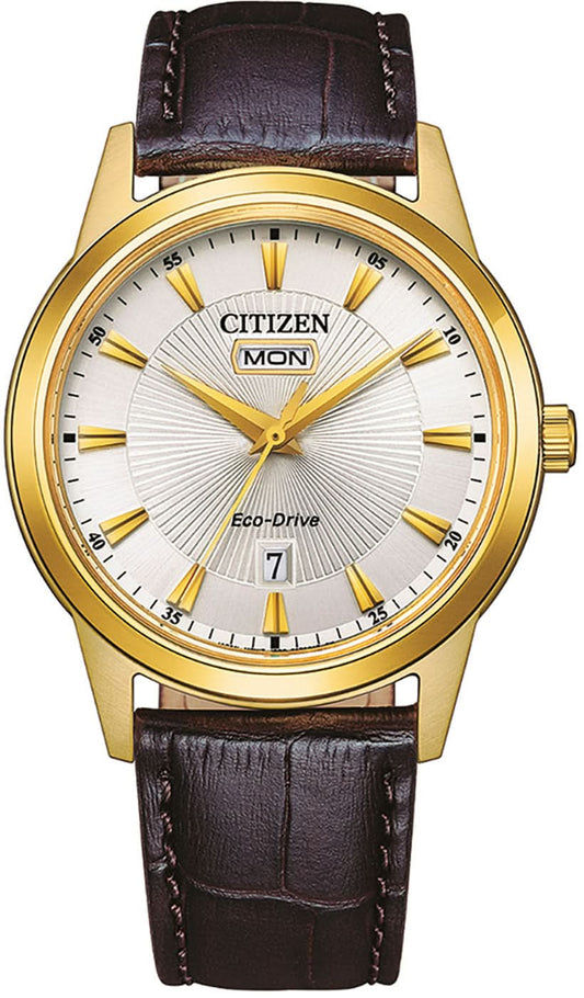 Herrenuhr mit rundem goldfarbenem Gehäuse, weißem Zifferblatt und braunem Lederband