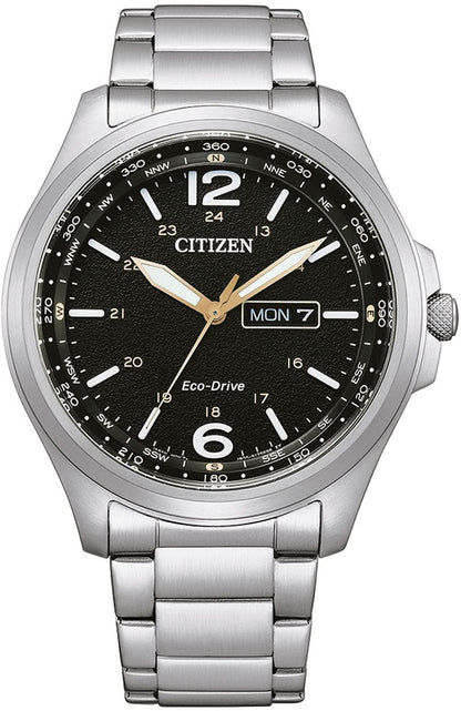 Herrenarmbanduhr Citizen mit schwarzem Zifferblatt, silbernem Edelstahlarmband, Datumsanzeige