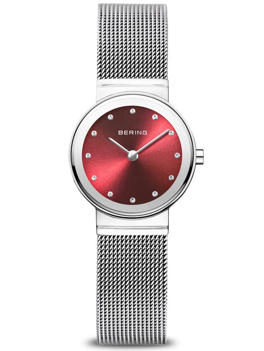 Damenarmbanduhr Bering mit rotem Zifferblatt und Metall-Mesharmband