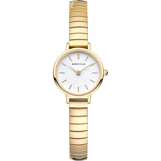 Bering Damenuhr mit rundem weißem Zifferblatt und goldfarbenem Metallarmband