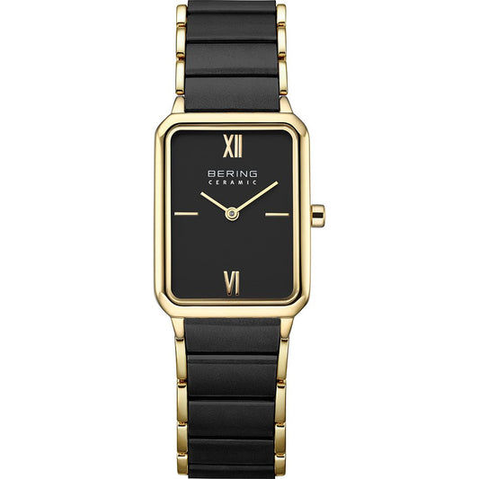 Damen-Armbanduhr von Bering mit schwarzem Keramikband und goldfarbenem Gehäuse, Saphirglas