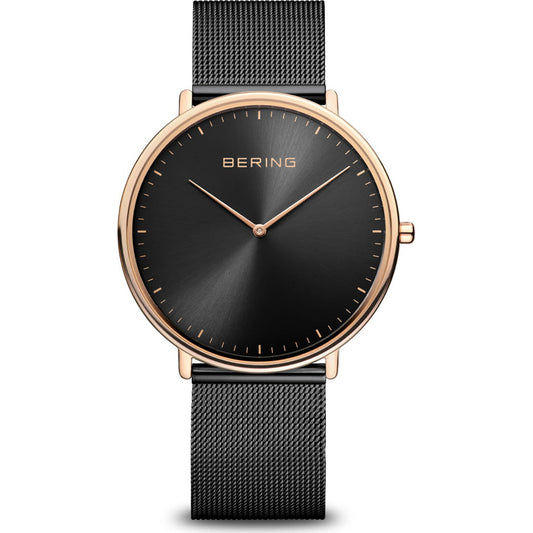 Bering Armbanduhr mit schwarzem Zifferblatt, roségoldenem Gehäuse und schwarzem Milanaiseband