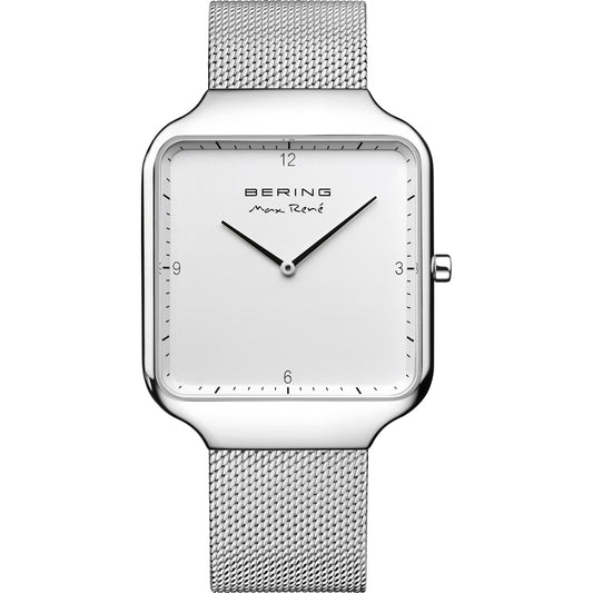 Bering Herrenarmbanduhr Max René mit Milanaisearmband, Saphirglas und weißem Zifferblatt
