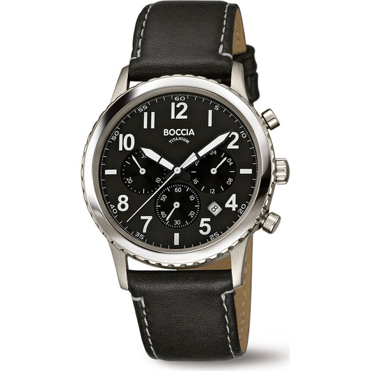 Boccia Herren-Armbanduhr mit schwarzem Zifferblatt, Chronograph, Lederband